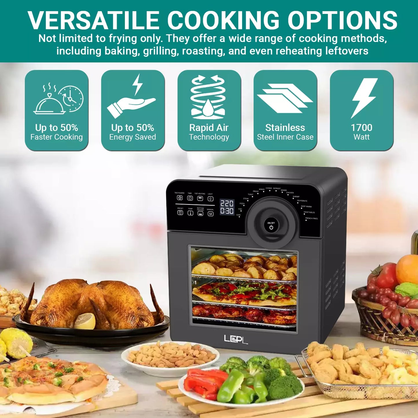 LEPL LAF526 Crispify Air Fryer Oven 14 L,1700 W, 16 Preset Programs| Roast, Dehydrate, Bake,Fry, Rotisserie, Grill, Convection | Touch, Digital display, Rapid Air Tech, Temp &Timer Control,1 Year Warranty