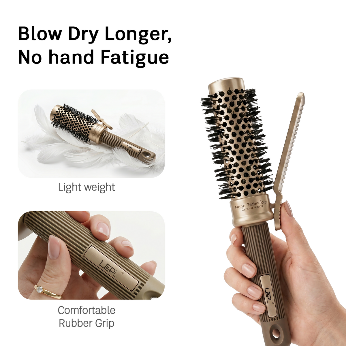 LEPL Pro Hold 32mm Round Hair Brush with Handheld Detangle Clip, Blush Gold