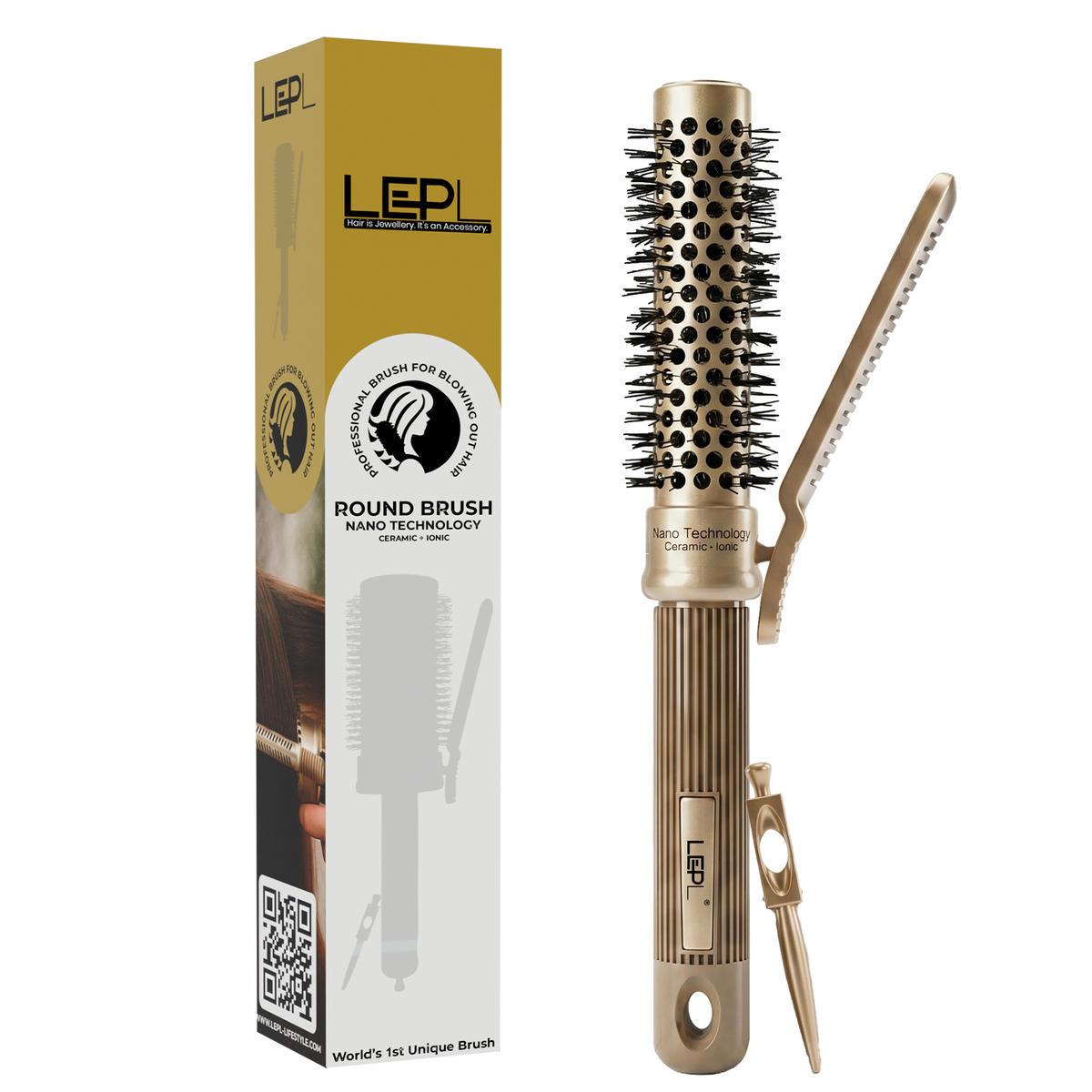 LEPL Pro Hold 25mm Round Hair Brush with Handheld Detangle Clip, Blush Gold