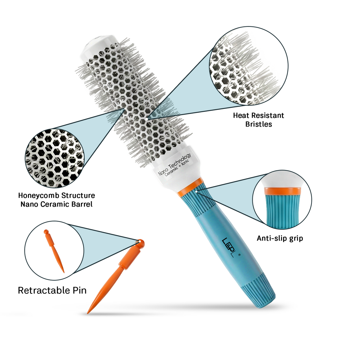 LEPL Ionic BlueWave Professional Round Hair Brush, 25mm, Blue & White