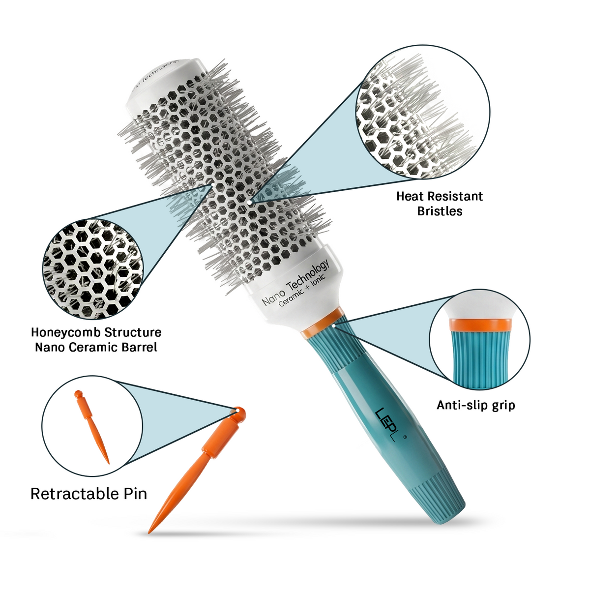 LEPL Ionic BlueWave Professional Round Hair Brush, 45mm, Blue & White