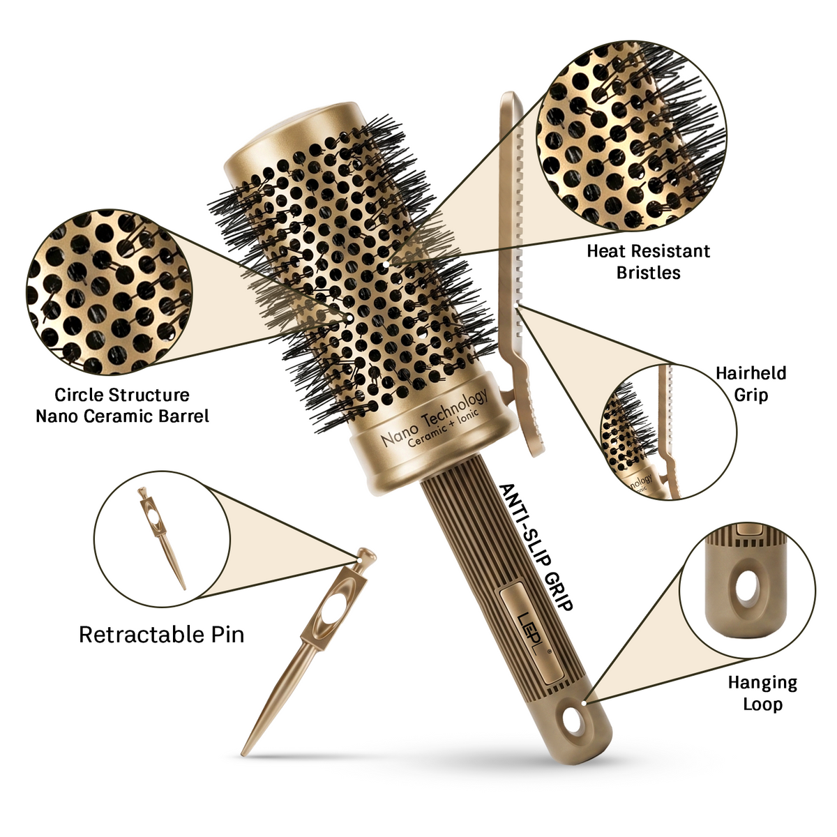 LEPL Pro Hold 53mm Round Hair Brush with Handheld Detangle Clip, Blush Gold
