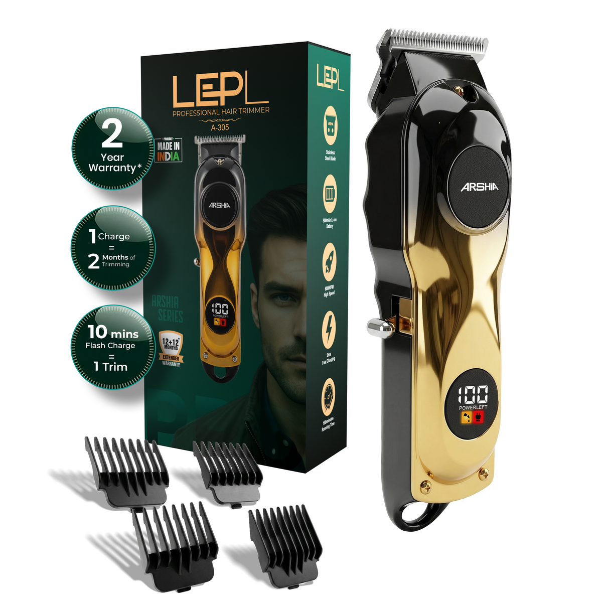 LEPL A-305 Professional Hair Trimmer with 2 Years Warranty, Gold & Black
