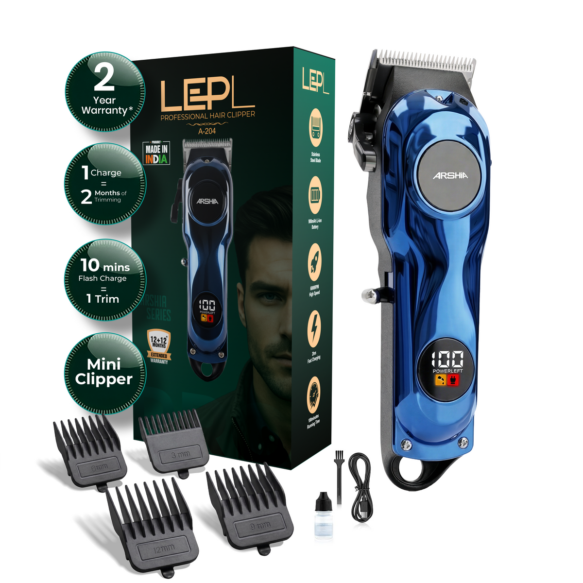LEPL A-204 Professional Hair Clipper with 2 Years Warranty, Blue
