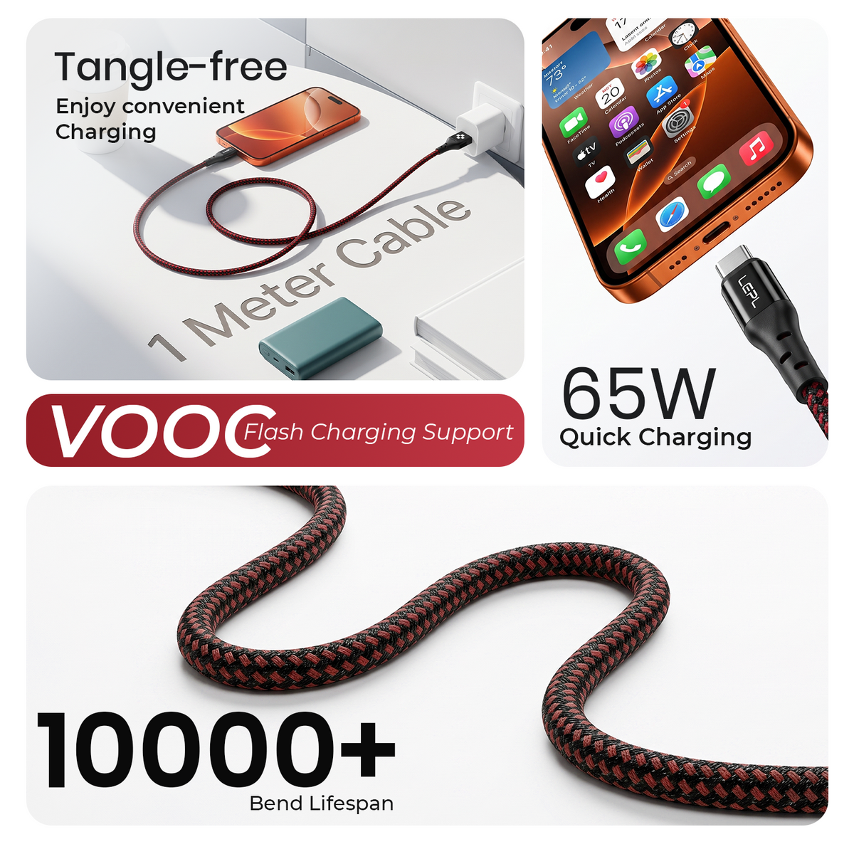 LEPL Volt AC10 65W USB Type-C Charging Data Cable, 1 Meter, Red & Black
