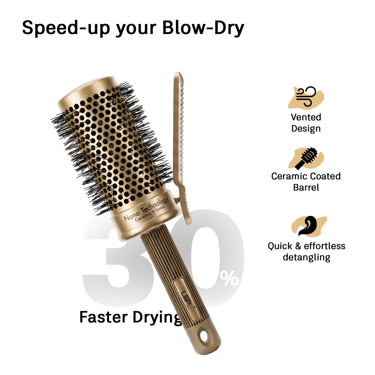 LEPL Pro Hold 53mm Round Hair Brush with Handheld Detangle Clip, Blush Gold