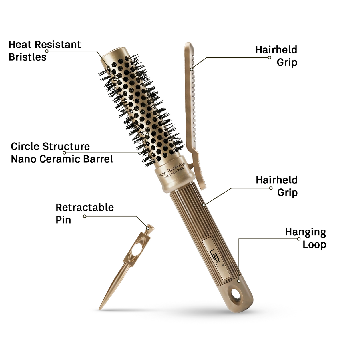 LEPL Pro Hold 25mm Round Hair Brush with Handheld Detangle Clip, Blush Gold