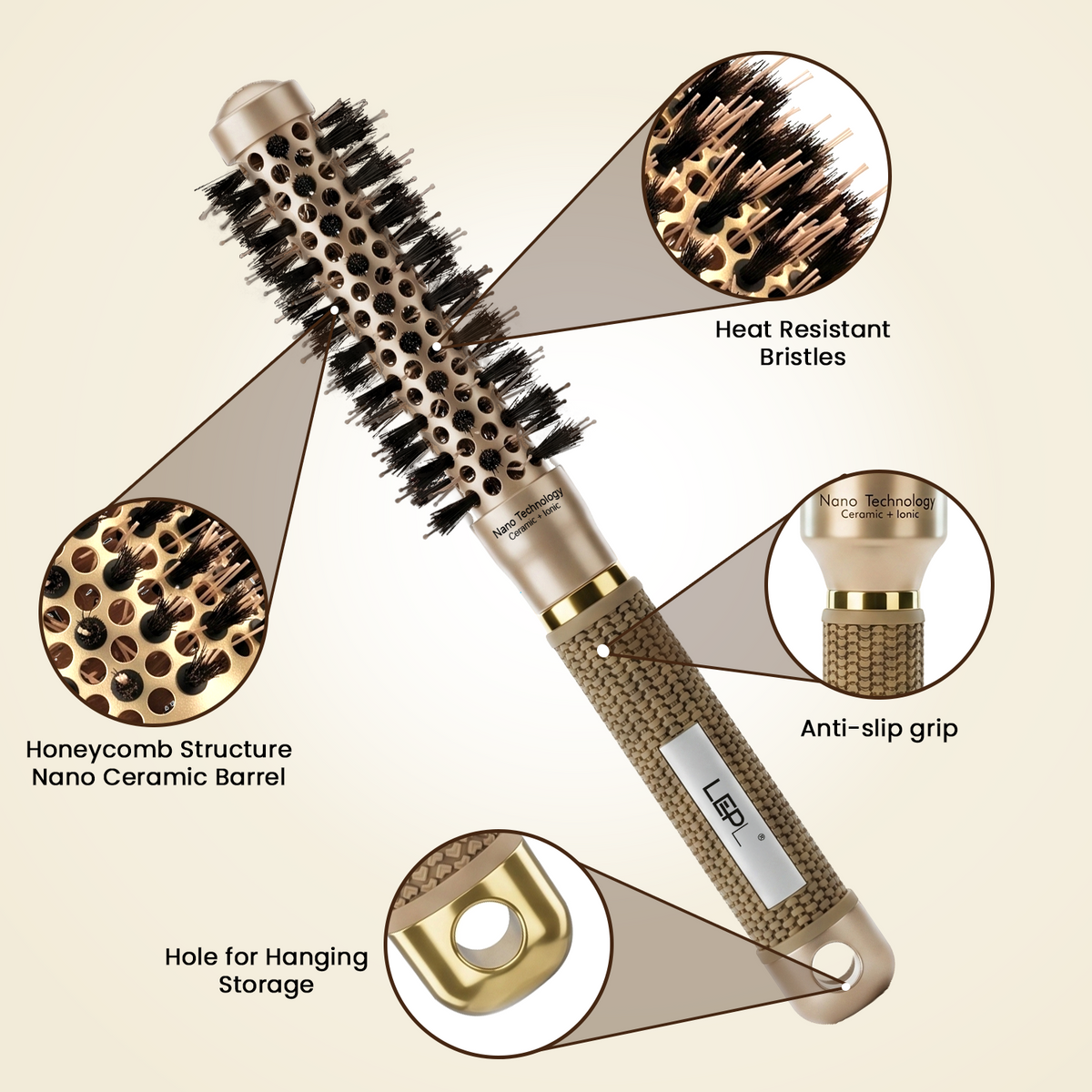 LEPL GoldFusion 5-Piece Professional Round Hair Brush Set, Blush Gold
