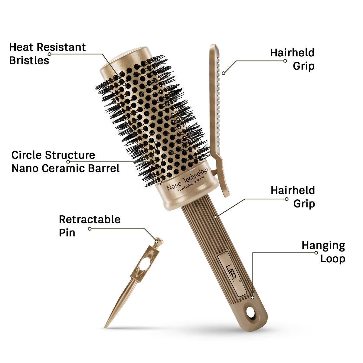 LEPL Pro Hold 45mm Round Hair Brush with Handheld Detangle Clip, Blush Gold
