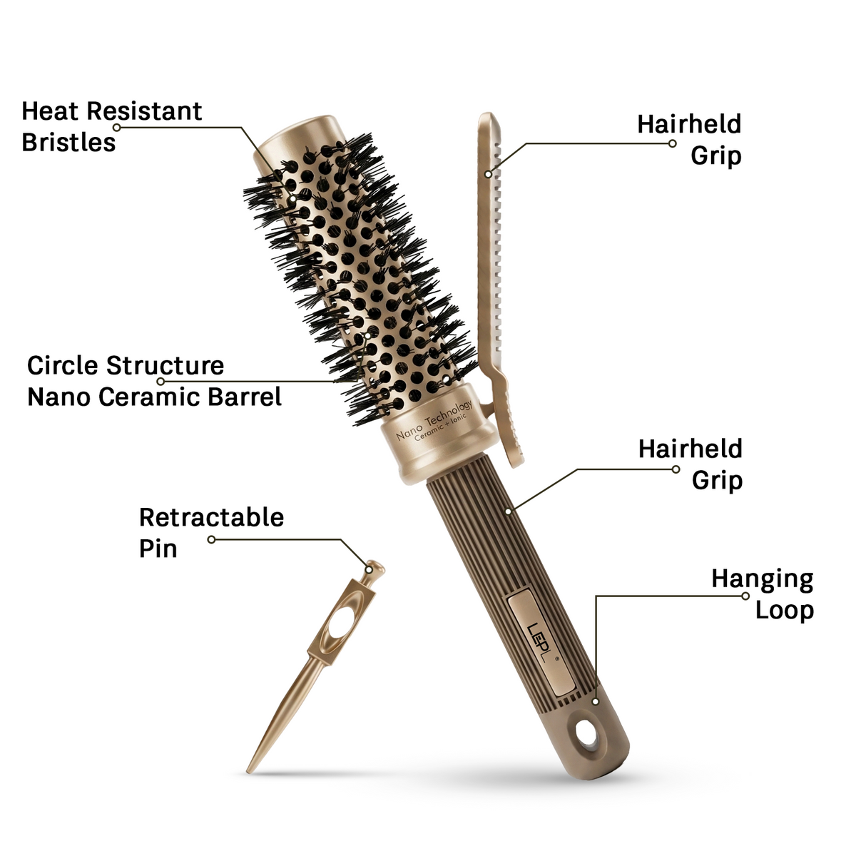 LEPL Pro Hold 32mm Round Hair Brush with Handheld Detangle Clip, Blush Gold