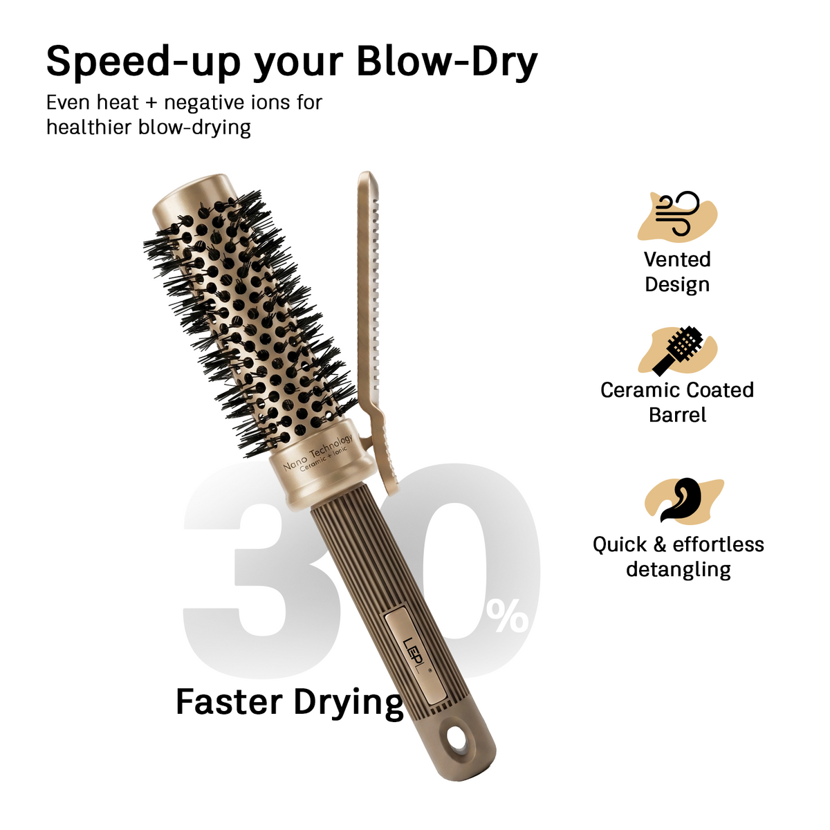 LEPL Pro Hold 32mm Round Hair Brush with Handheld Detangle Clip, Blush Gold