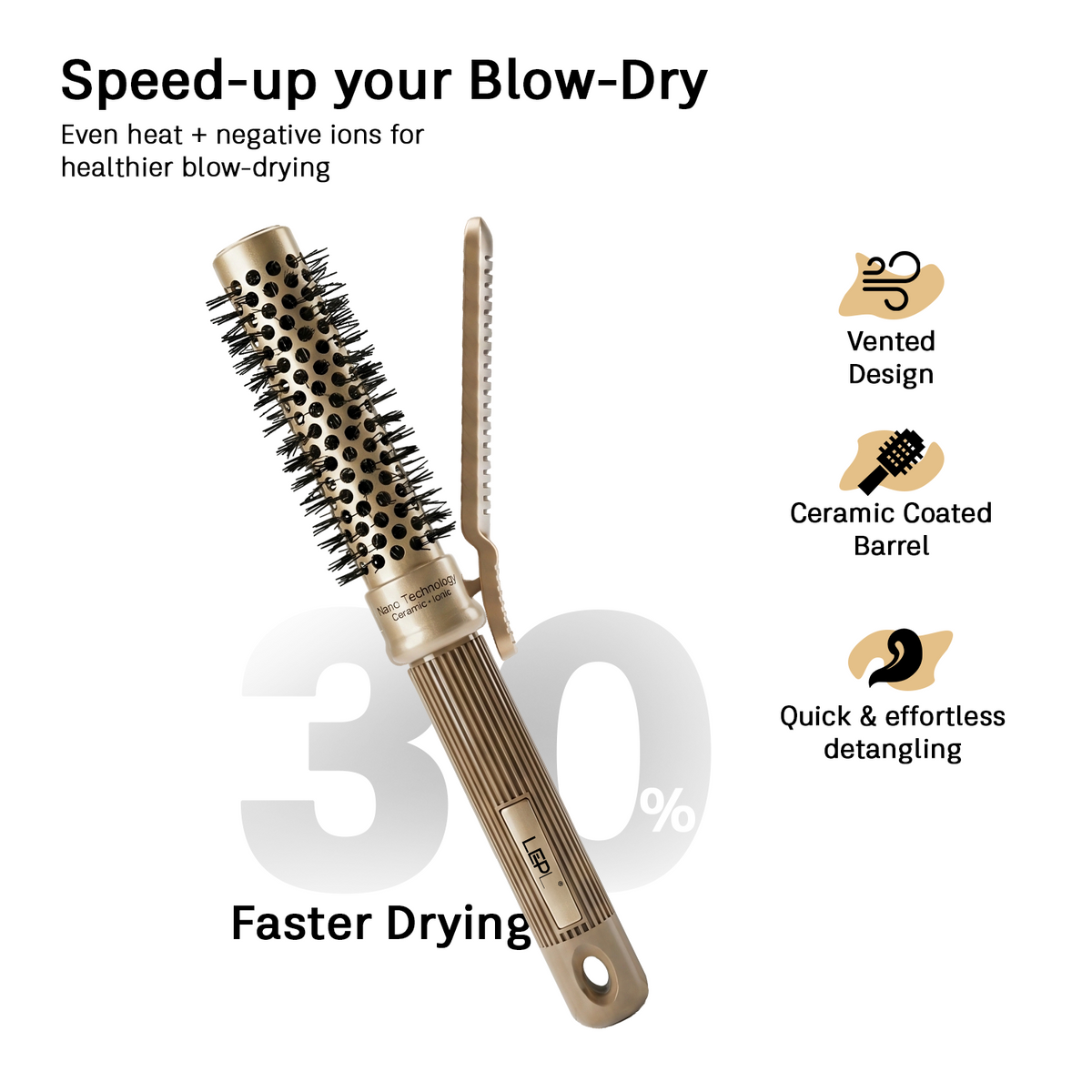 LEPL Pro Hold 25mm Round Hair Brush with Handheld Detangle Clip, Blush Gold
