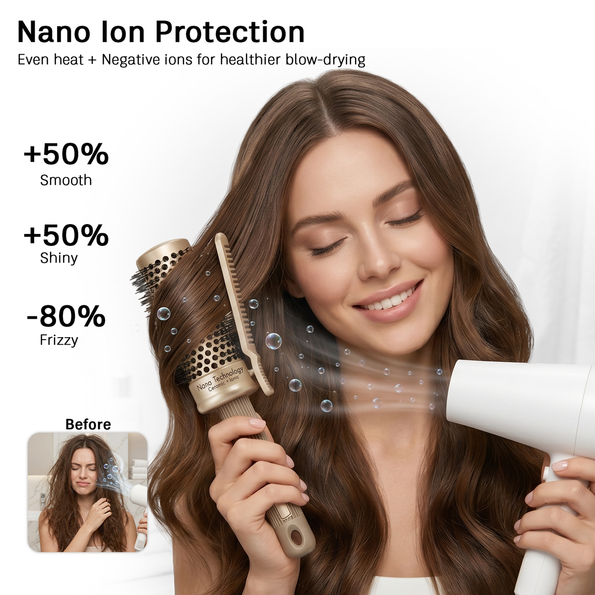 LEPL Pro Hold 45mm Round Hair Brush with Handheld Detangle Clip, Blush Gold