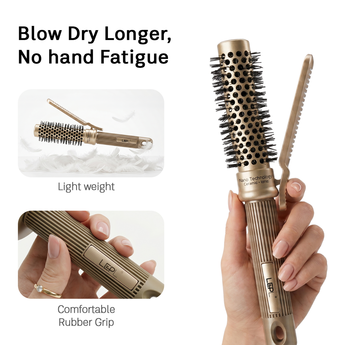 LEPL Pro Hold 4-Piece Round Hair Brush Set with Handheld Detangle Clip, Blush Gold