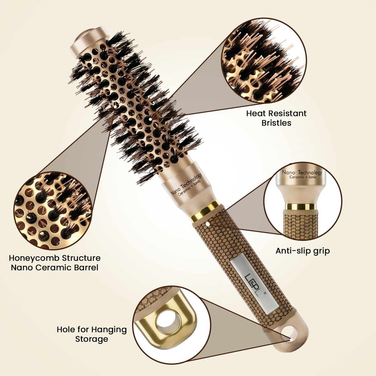 LEPL GoldFusion 25mm Professional Round Hair Brush, Blush Gold
