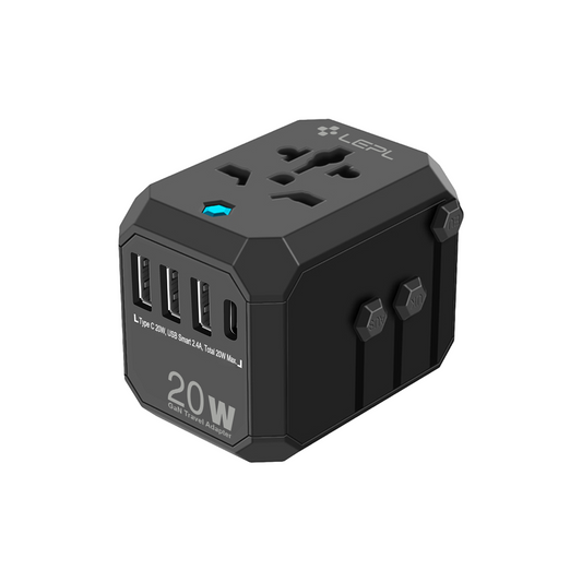 LEPL GlobSync Universal Travel Adapter with 20W USB Type-C PD, Black
